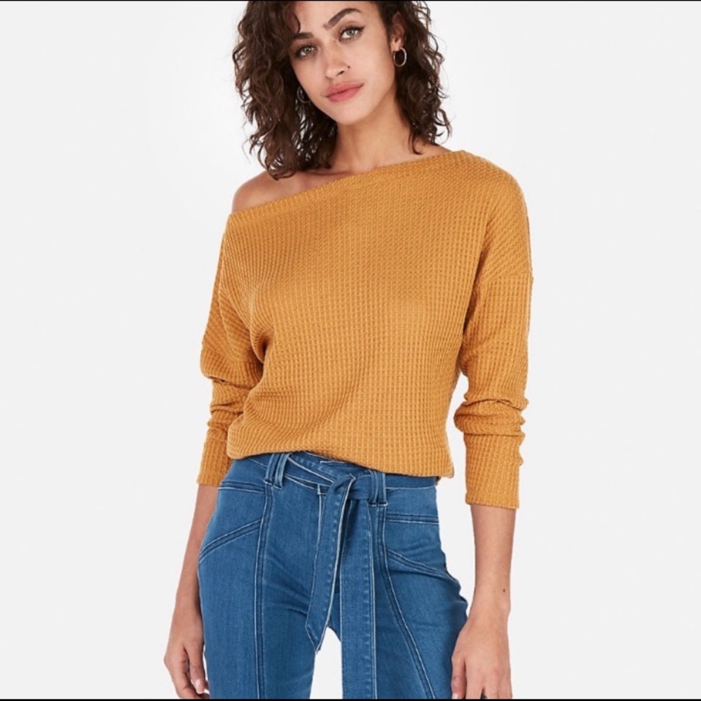 Express Mustard Waffle Knit Off Shoulder Top M